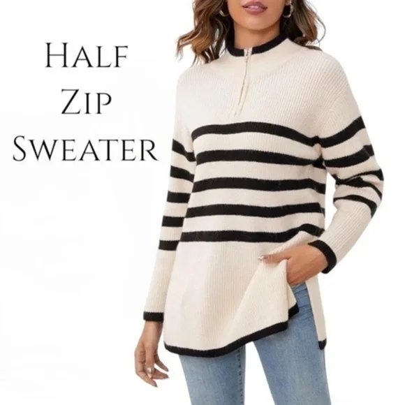 Striped Half Zip Side Slit Relaxed Casual Pullover Sweater - Picture 1 of 16
